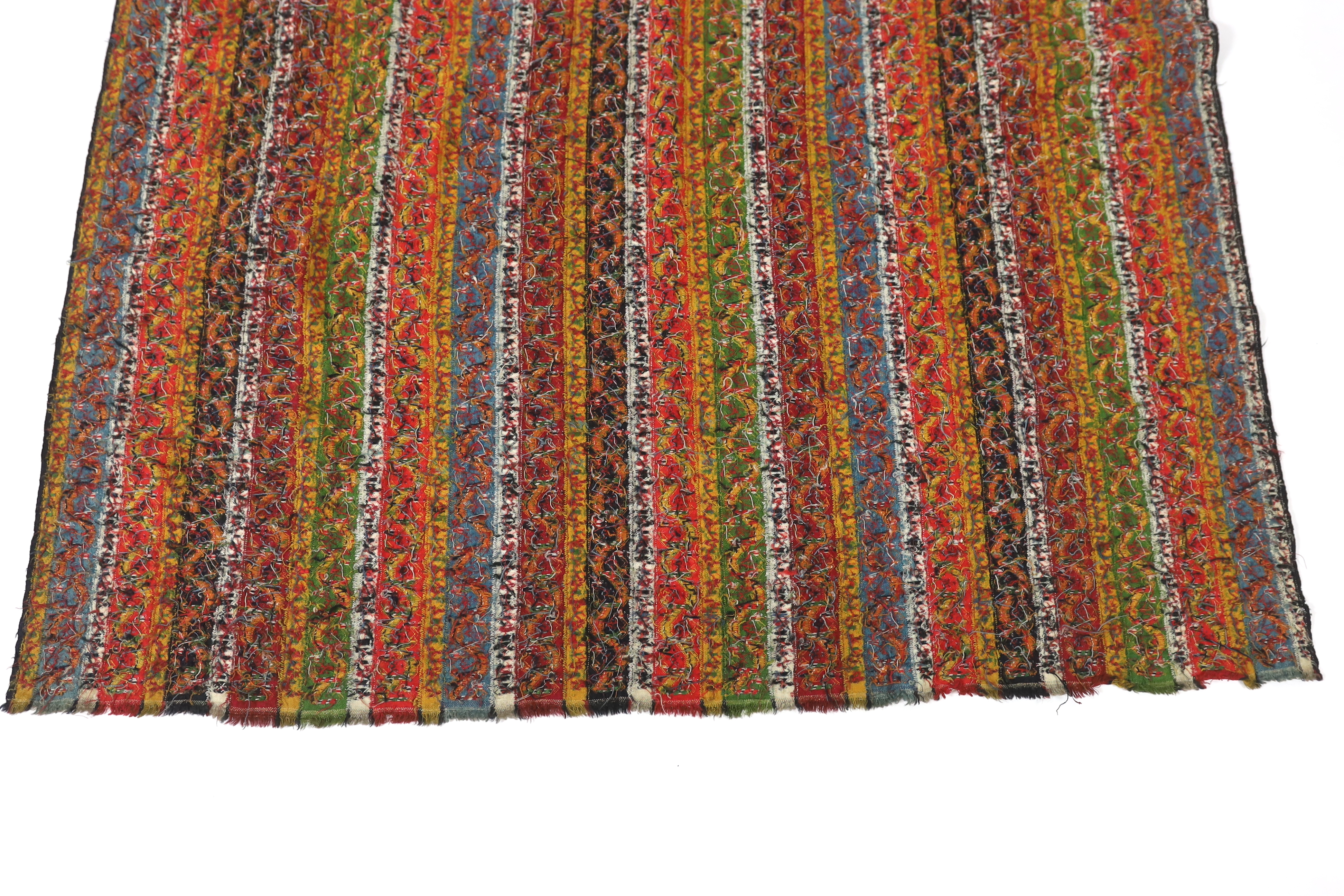 A 19th century Kashmir, multi coloured, striped twill, woven wool shawl, with the fringe cut one end, 140cm long x 114cm wide